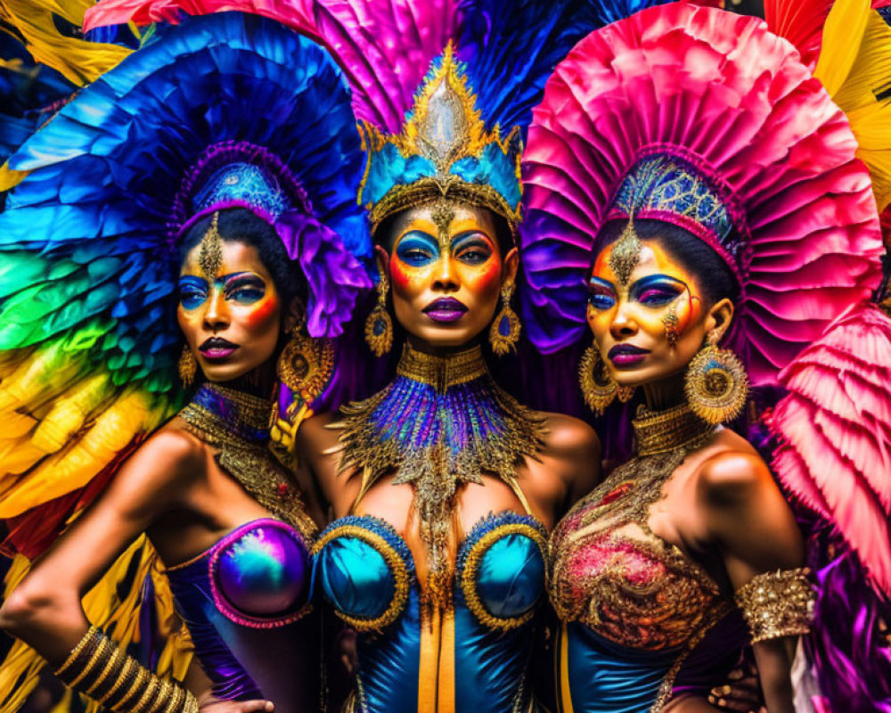 Vibrant carnival costumes with feathered headdresses and colorful makeup on three individuals