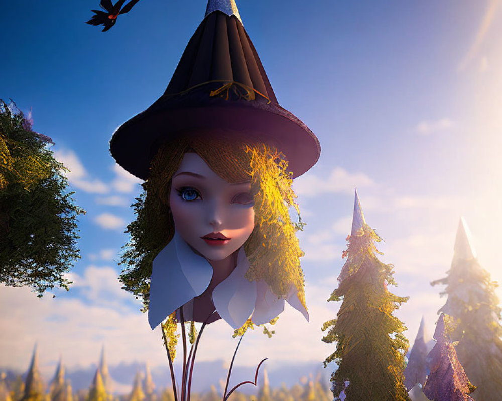 Stylized female character in witch's hat among vibrant forest trees