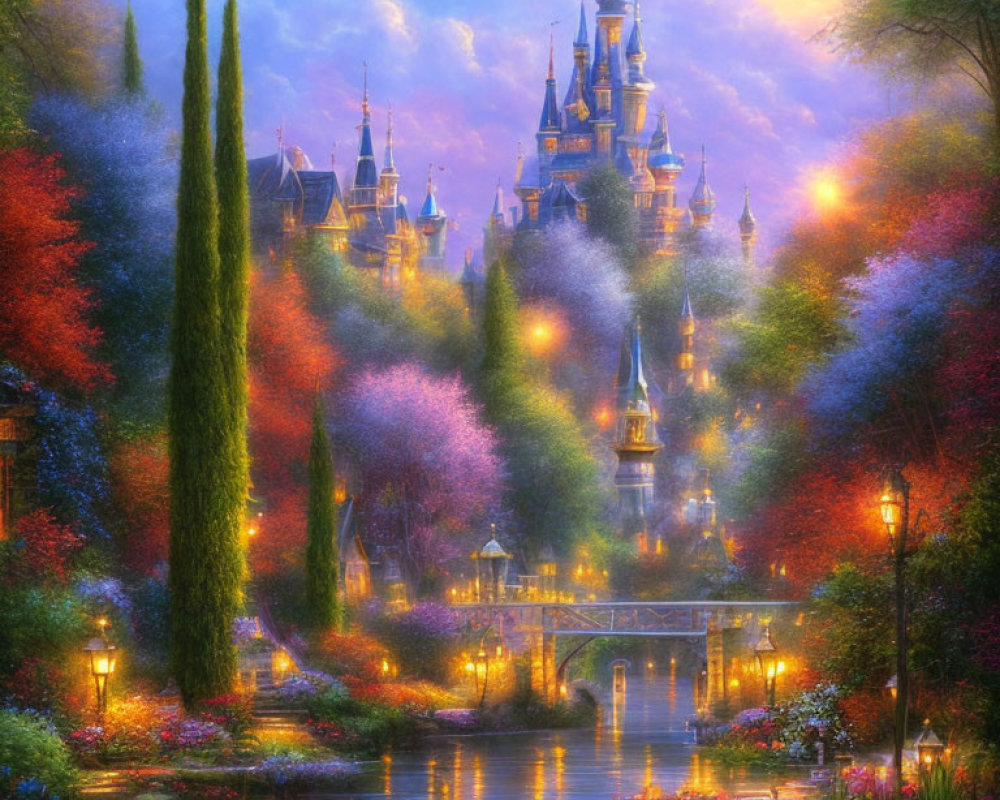 Fantasy Castle Surrounded by Colorful Gardens and River Bridge
