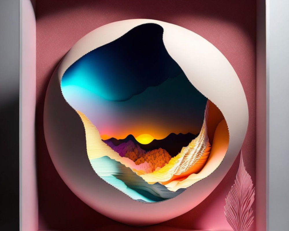 3D paper art landscape with layered mountains in egg-shaped frame