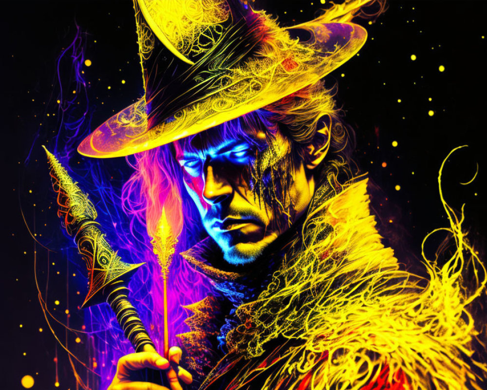 Colorful digital artwork of mystical figure in hat with neon colors and magical elements.
