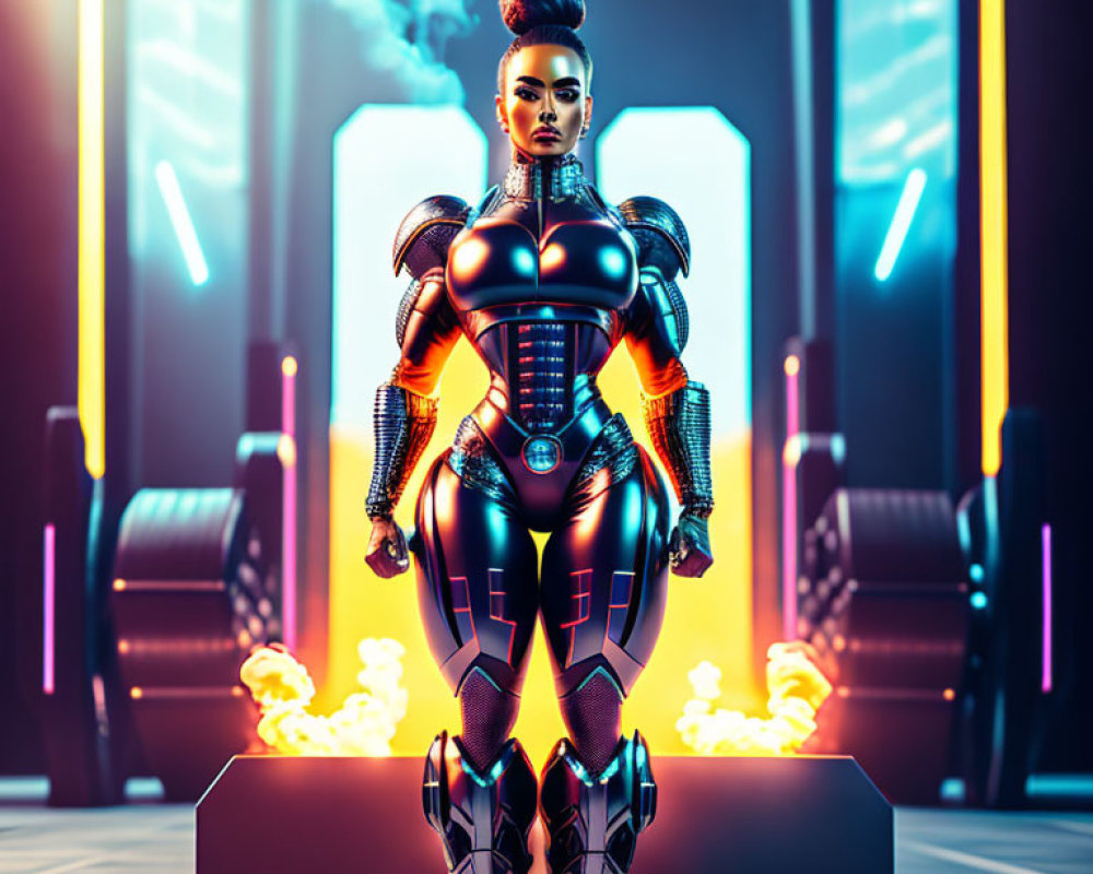 Futuristic female robot in intricate armor in neon-lit setting