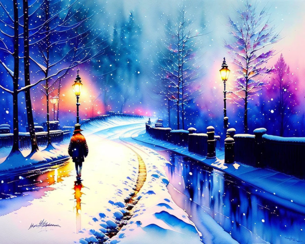 Snowy Path Painting with Lit Lamps and Falling Snowflakes
