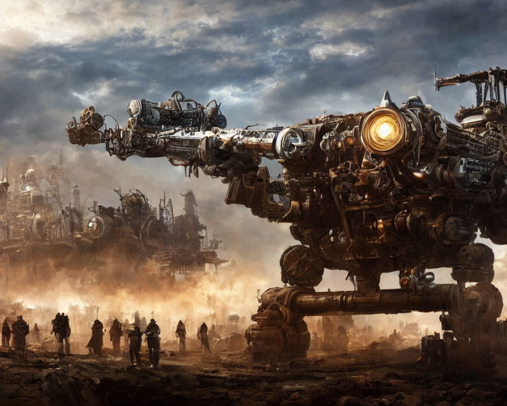 Fantastical industrial scene with giant mechanized walkers in a war-torn environment