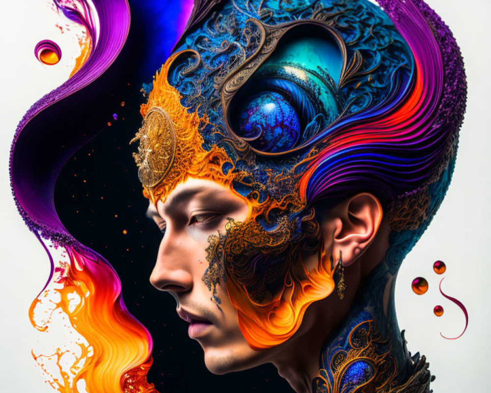 Colorful surreal portrait with elaborate swirling designs and organic elements