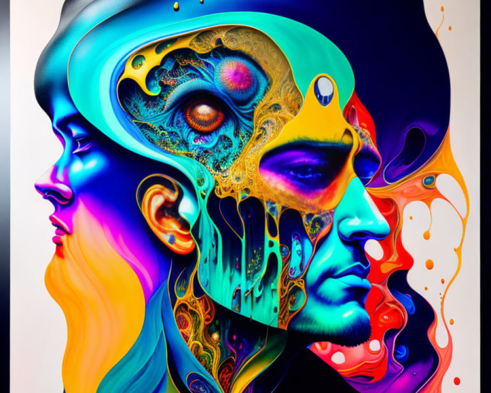 Colorful abstract art: man and woman profiles with interconnected minds