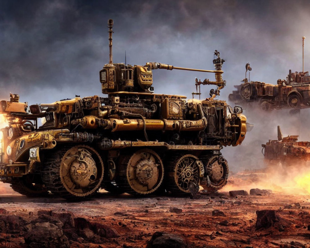 Armored vehicles with heavy weaponry in apocalyptic landscape