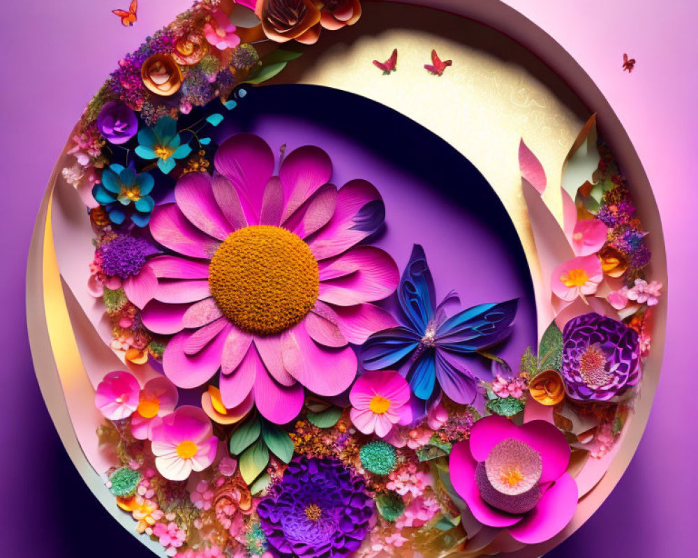 Colorful 3D floral arrangement with pink flower, butterflies, and swirls