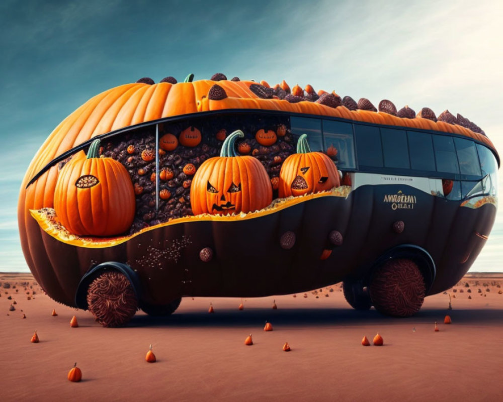 Bus-shaped pumpkin filled with pumpkins and jack-o'-lanterns in desert landscape