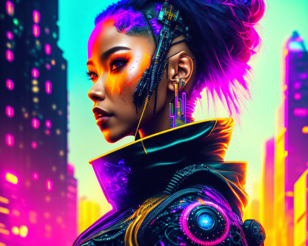 Futuristic cyberpunk portrait of woman with purple hair in neon cityscape