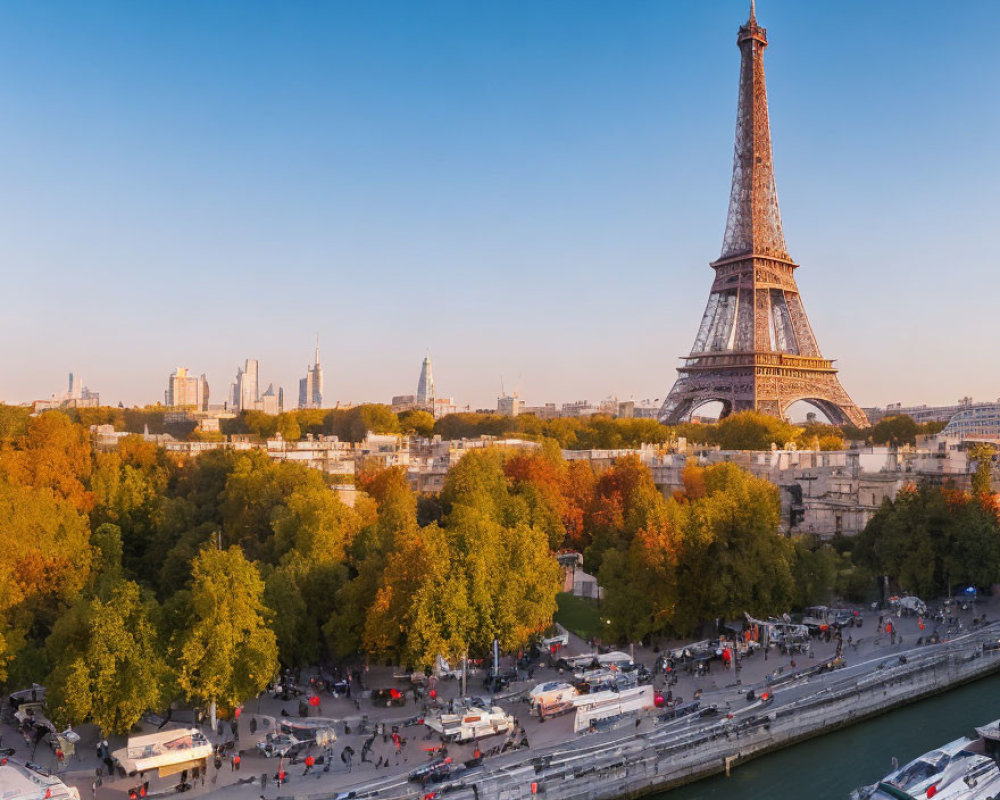 Scenic Autumn View of Eiffel Tower and River Seine with People