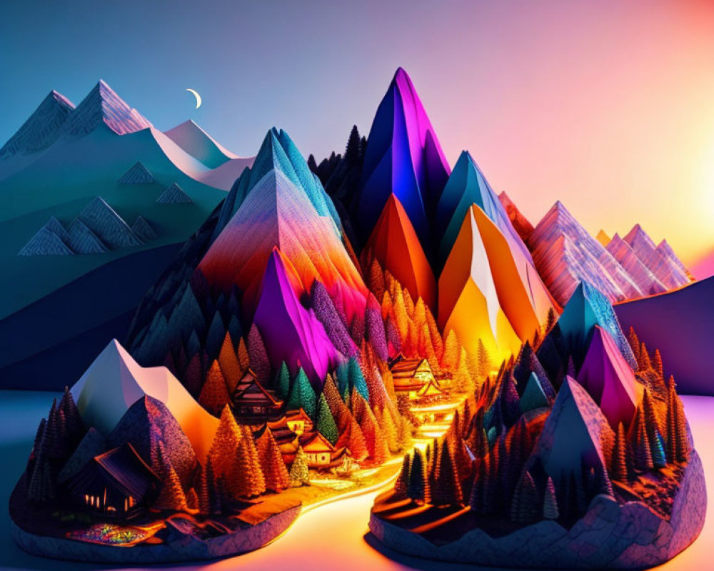 Colorful digital art: stylized mountains, glowing village, pine trees, twilight sky.