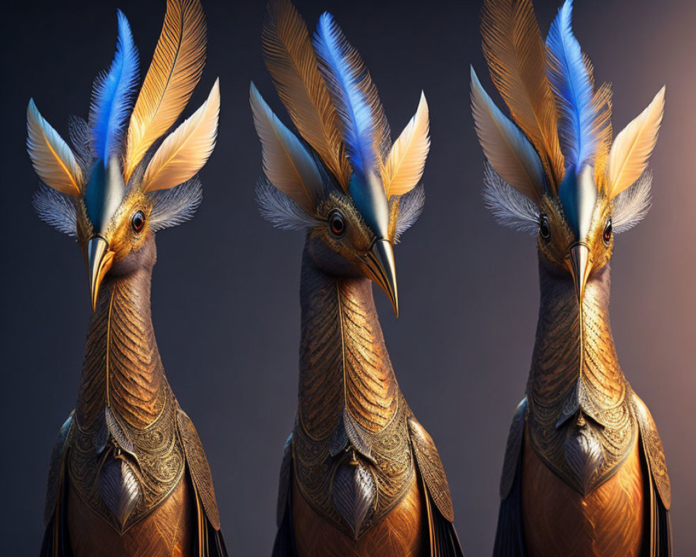 Stylized birds with intricate feather patterns in gold, blue, and brown