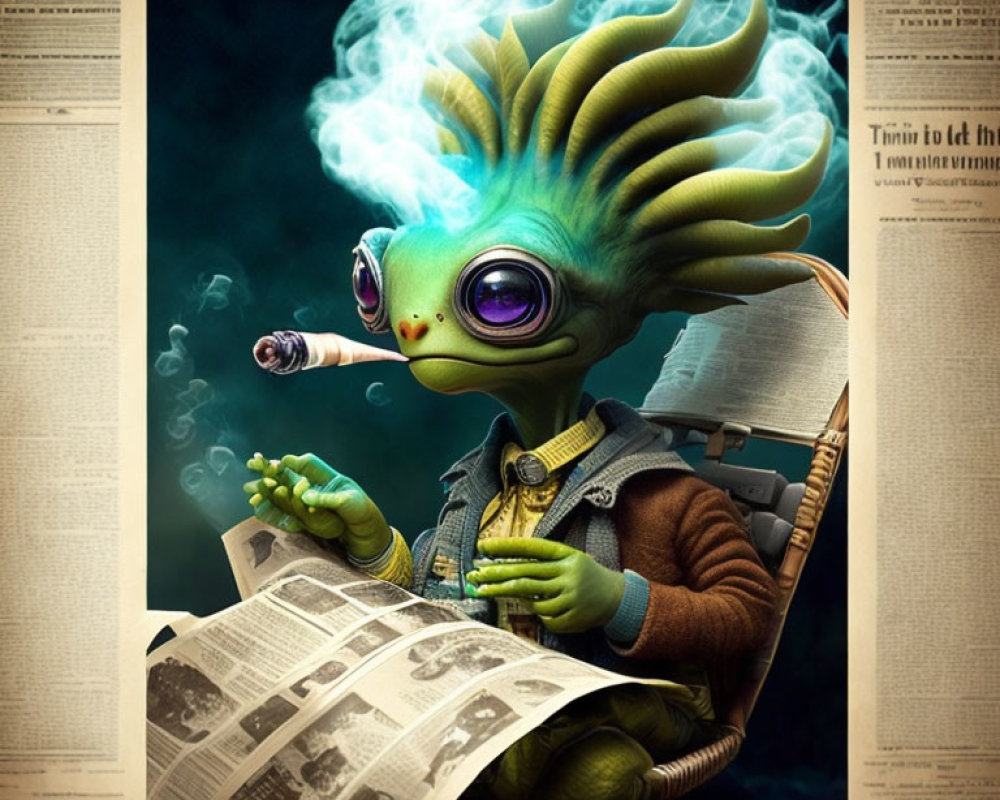Anthropomorphic amphibian creature with large eyes reading newspaper and smoking cigar