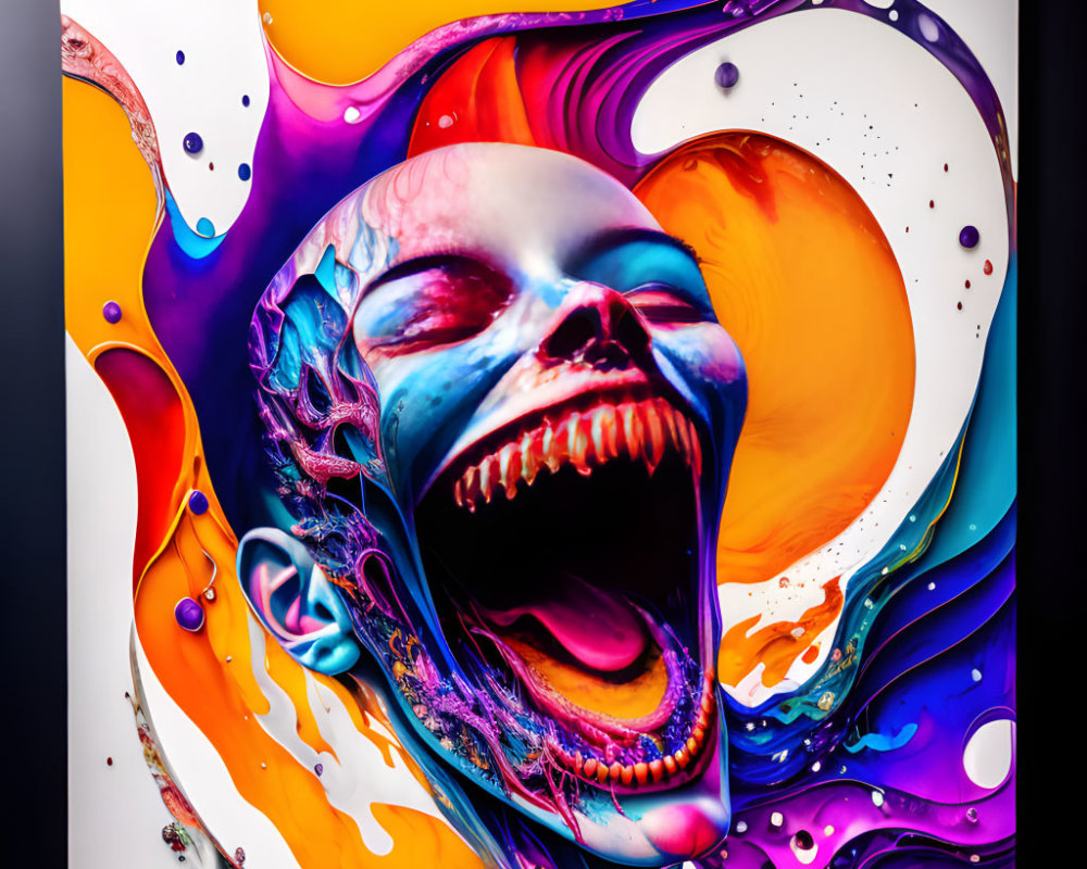 Colorful Skull Artwork with Swirling Liquid Shapes in Purple, Orange, Blue, and Pink