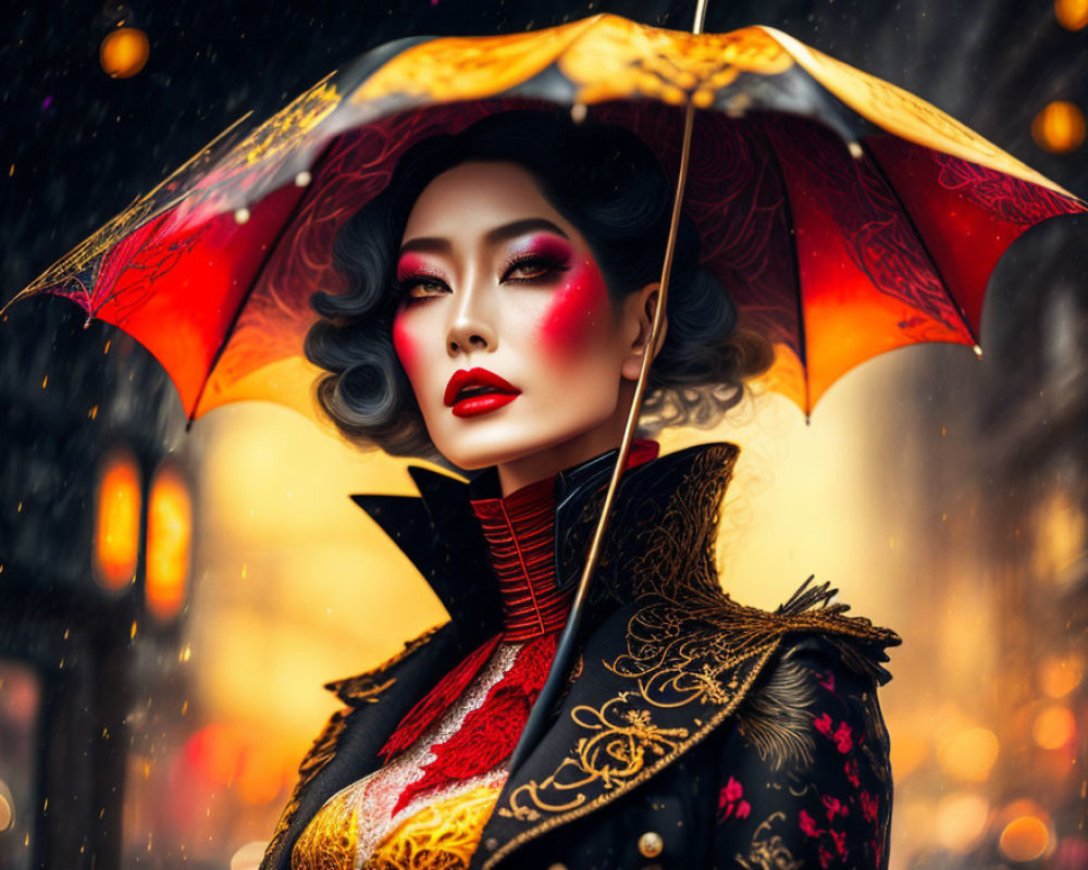Illustrated woman with dramatic makeup holding ornate umbrella in snowy scene