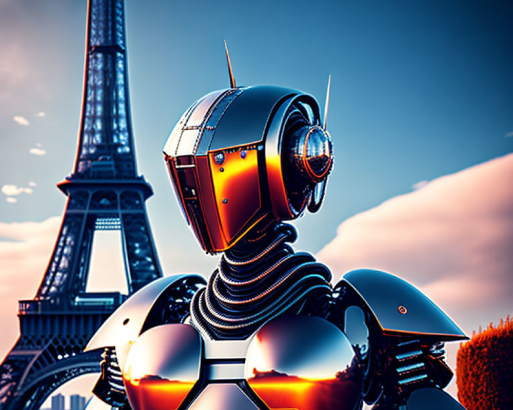Futuristic robot in front of Eiffel Tower at sunset