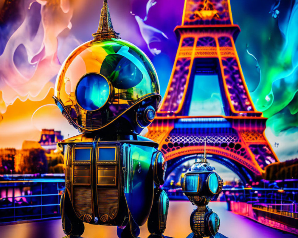 Colorful surreal artwork: Two vintage diving suit robots at Eiffel Tower