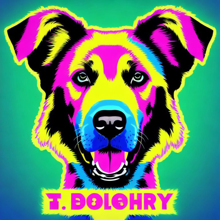 Colorful Pop Art Dog Portrait on Bright Green Background