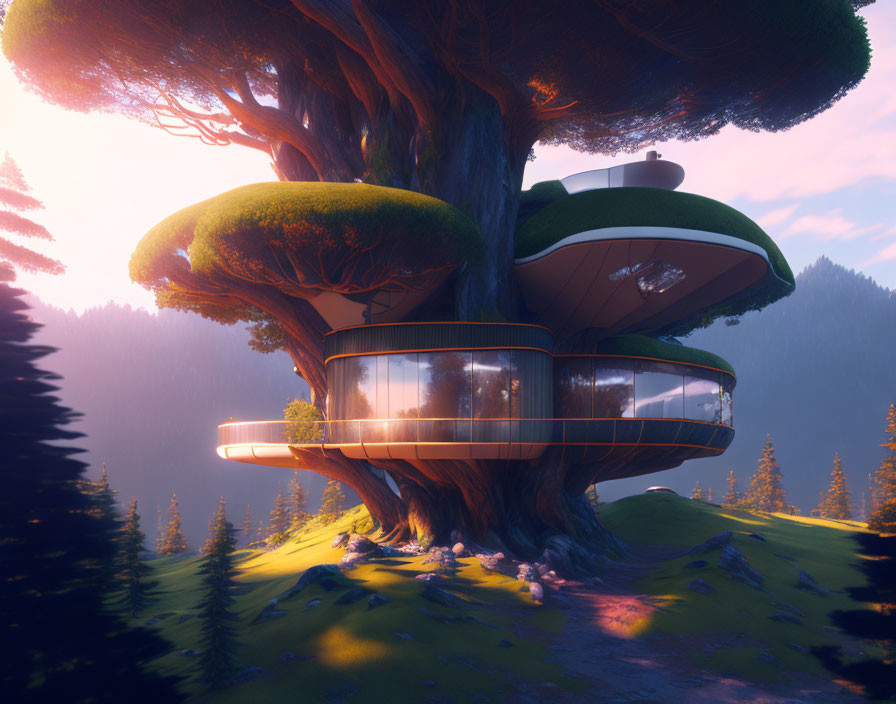 Futuristic treehouse with large windows in giant tree at sunset