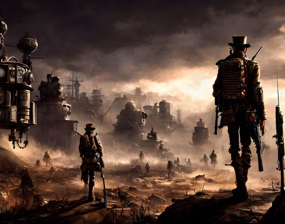Steampunk-themed battlefield with soldiers and mechanical contraptions