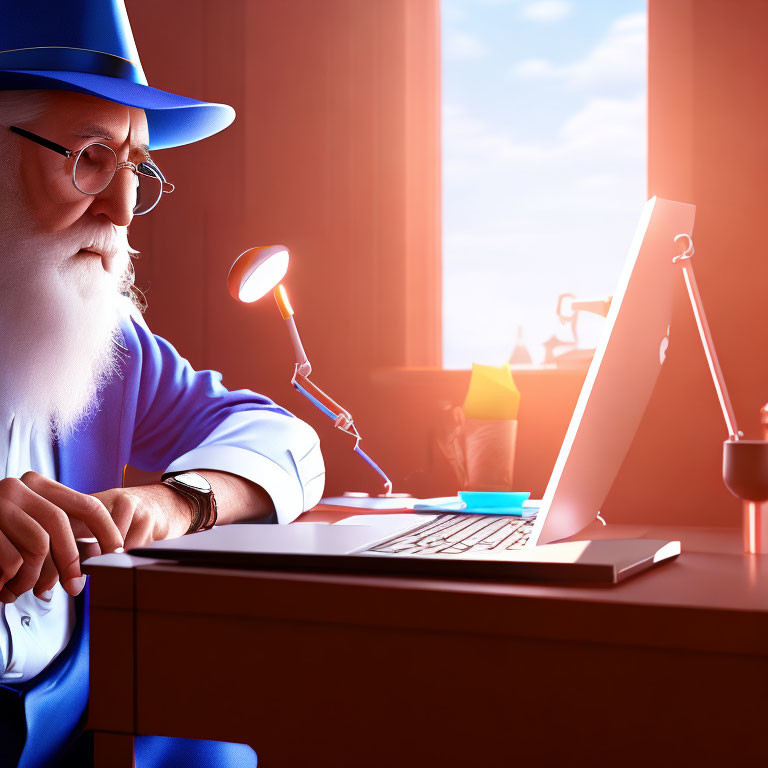 Wizard in Blue Hat Using Modern Computer at Desk