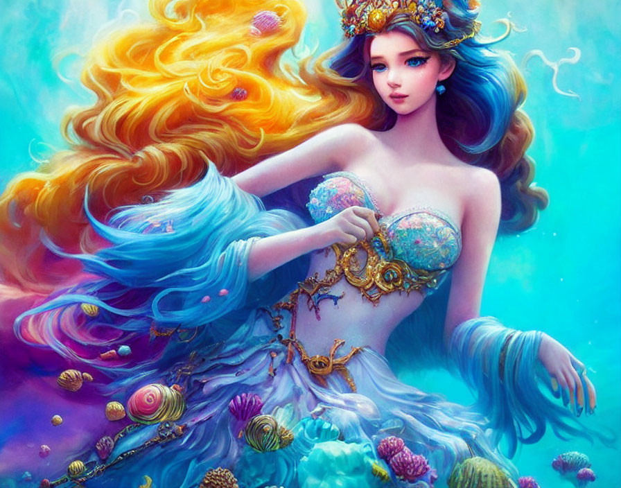 Colorful Mermaid Illustration with Golden and Blue Hair and Oceanic Accessories