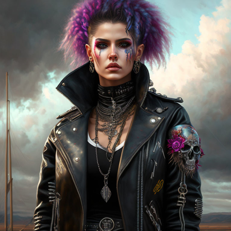 Vibrant punk hairstyle, dramatic makeup, chains, leather jacket with embroidery against moody sky