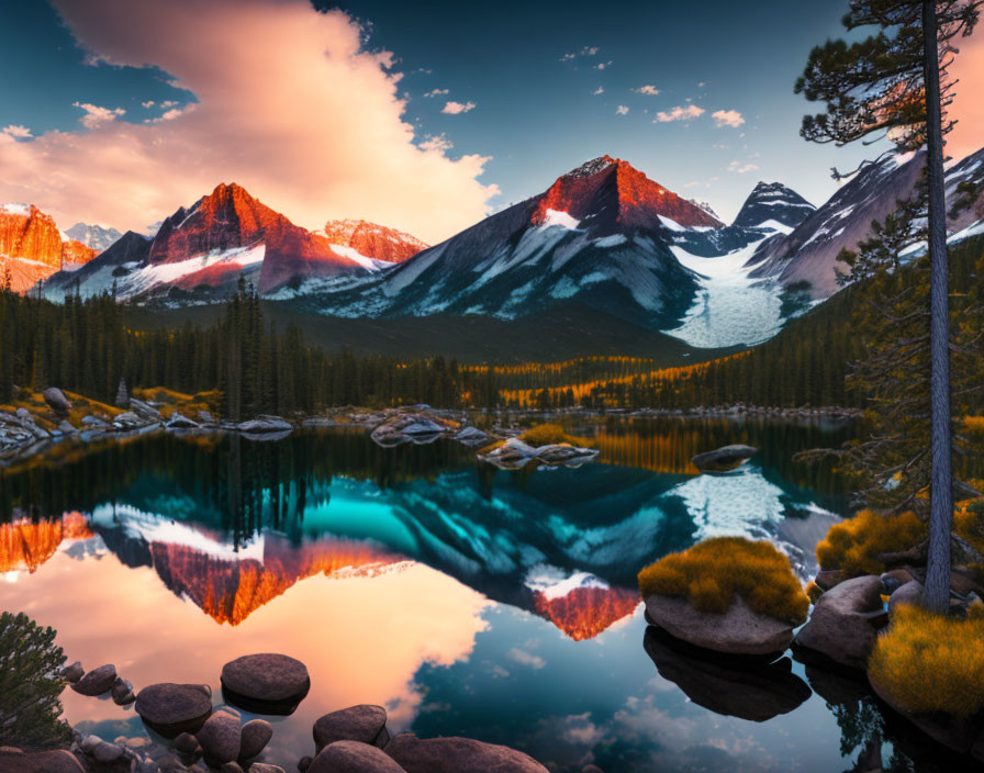 Tranquil mountain lake at sunset with vibrant reflections