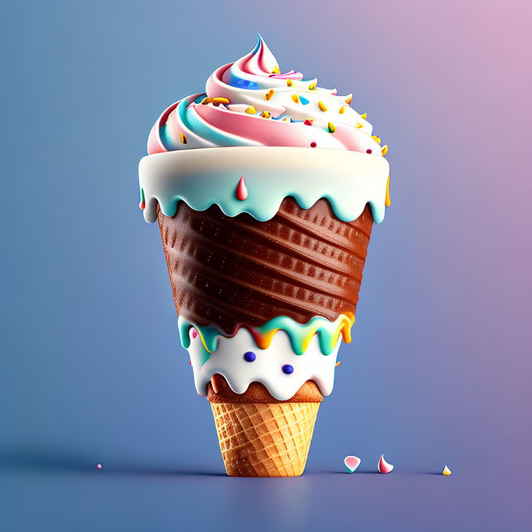 Vibrant melting ice cream cone with sprinkles on blue background