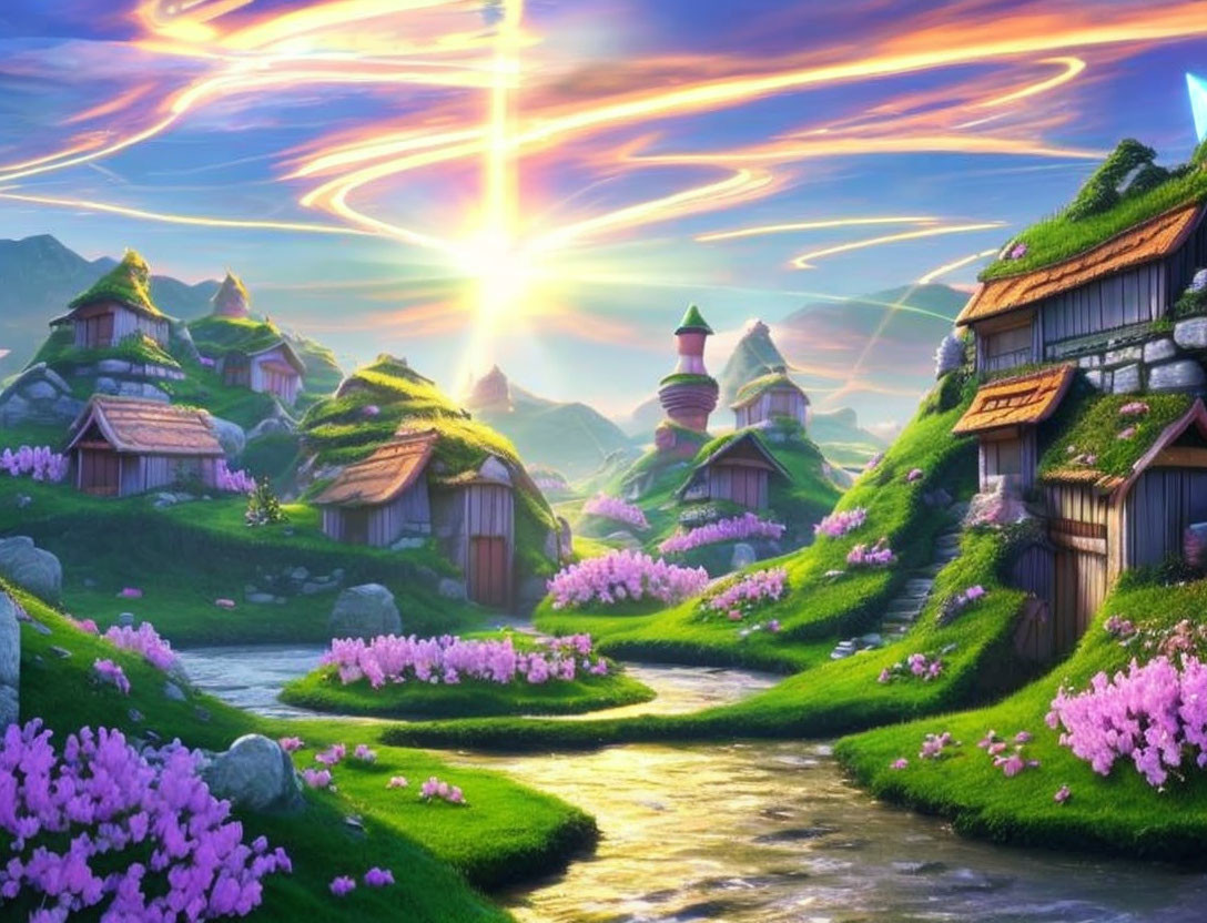 Picturesque animated village with thatched-roof cottages, winding river, pink trees, and vibrant