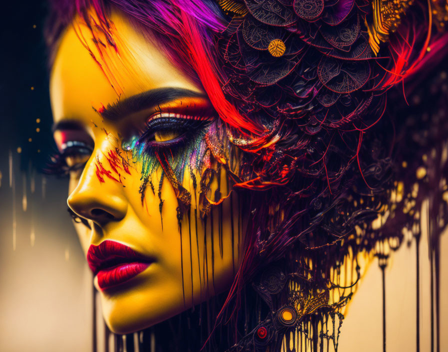 Colorful Makeup Portrait with Rainbow Design and Decorative Headpiece