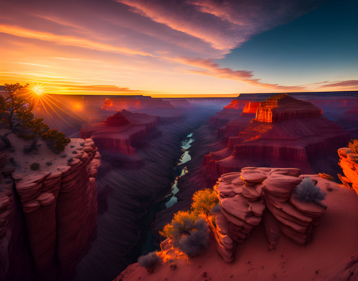 Vibrant sunset over canyon with river, warm hues on rock formations
