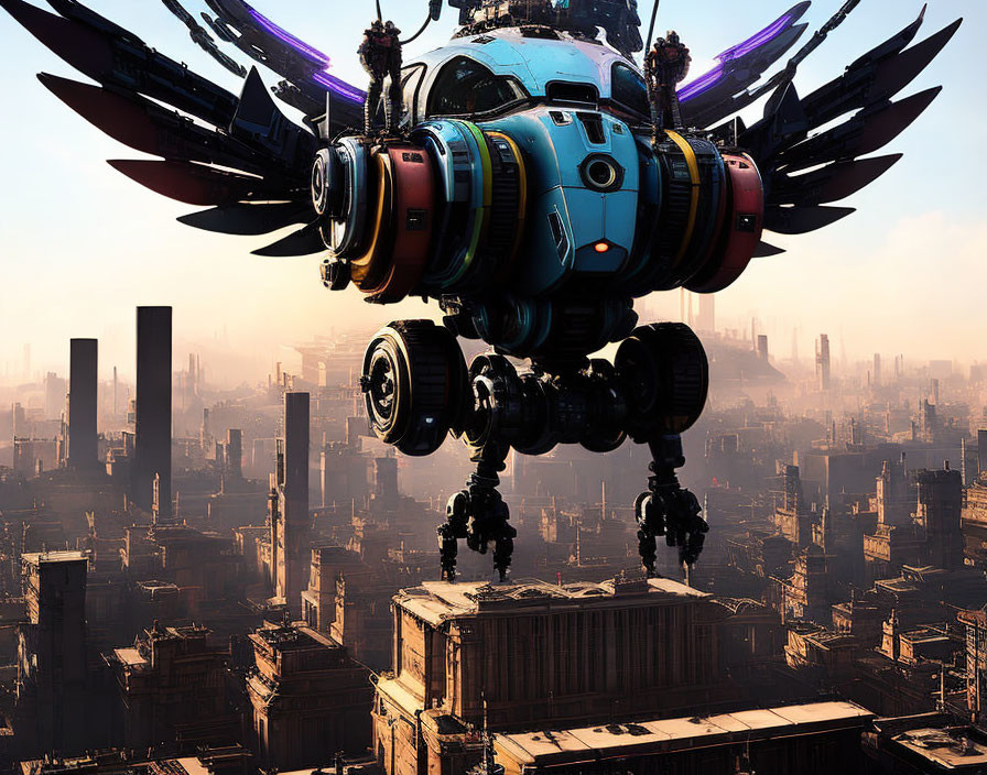 Colorful Winged Robot Hovers over Dystopian Cityscape