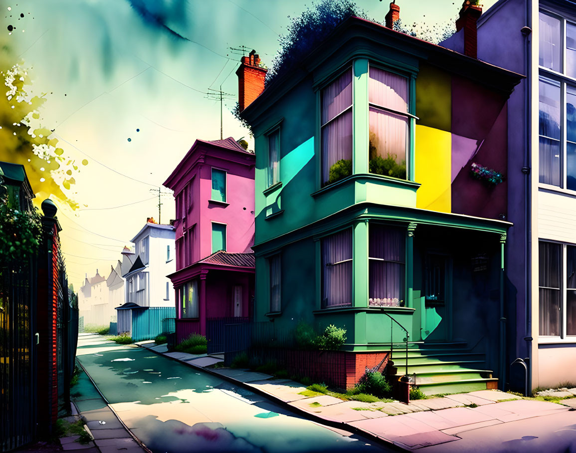 Vibrant digital art: stylized urban street with colorful houses & surreal sky