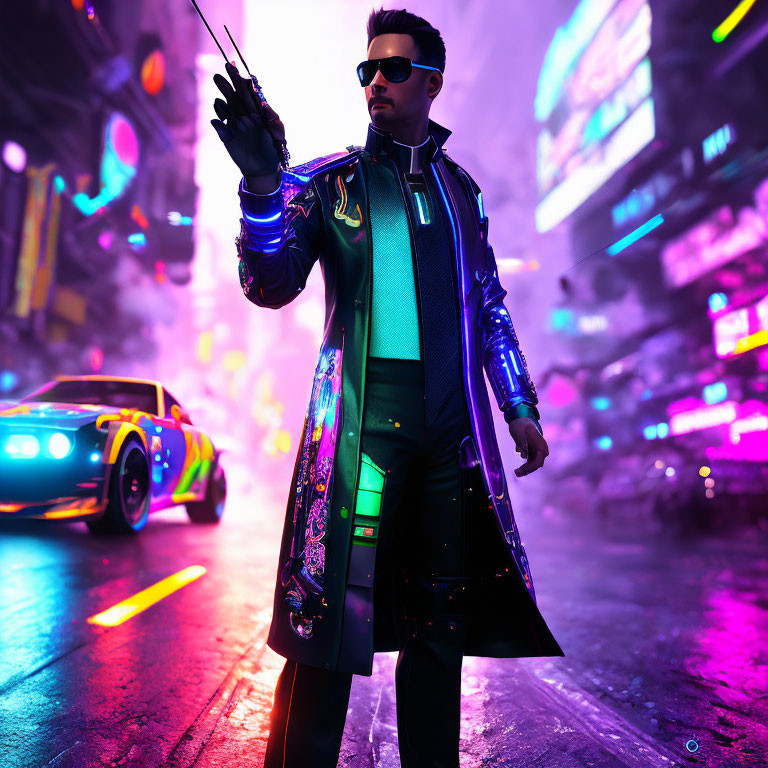 Futuristic man in stylish attire on neon-lit city street with sports car