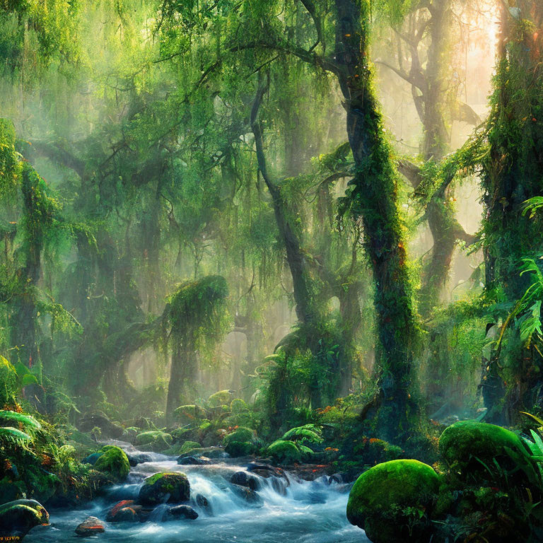 Misty sunlight in lush green forest with moss-covered trees