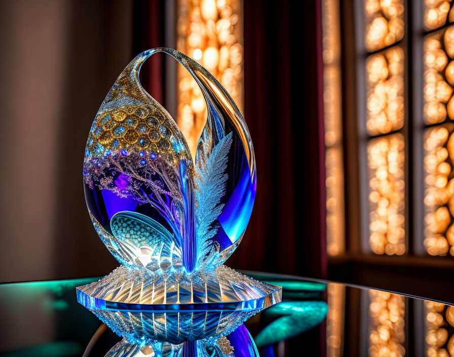 Glass sculpture with feather and bubble motifs under warm backlighting
