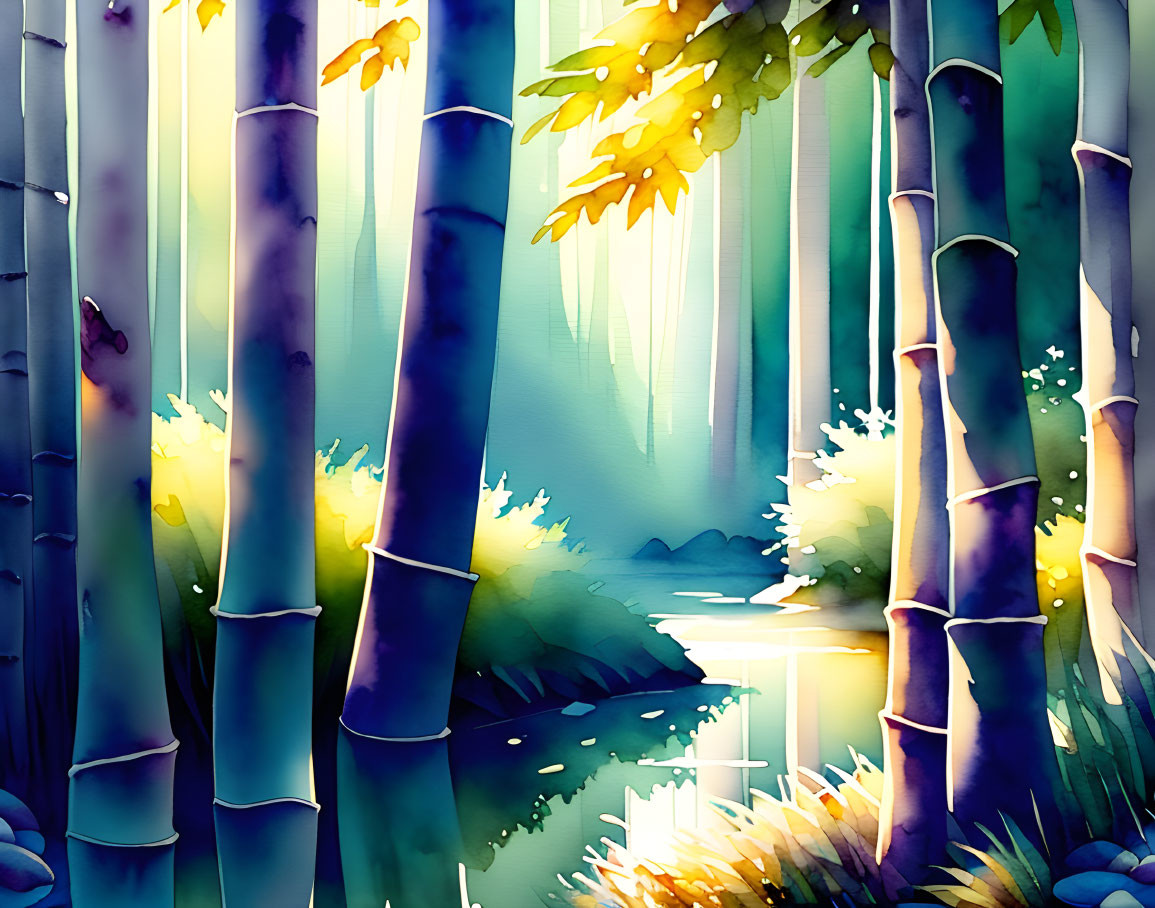 Bamboo forest watercolor painting with vibrant blues and greens