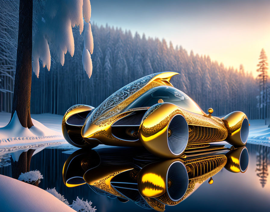 Futuristic golden car parked by icy surface with snowy trees at sunrise