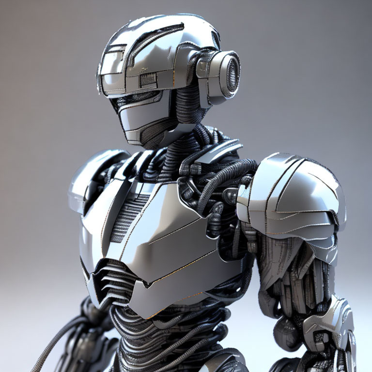 Futuristic silver robot with intricate tubing and visor head