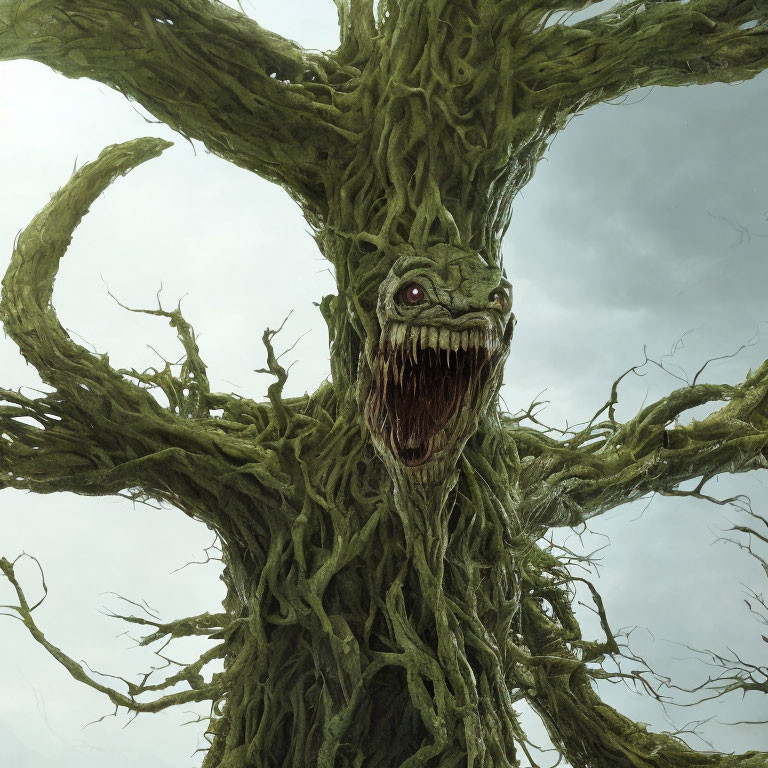 Monstrous tree with fearsome face and gnarled branches against cloudy sky