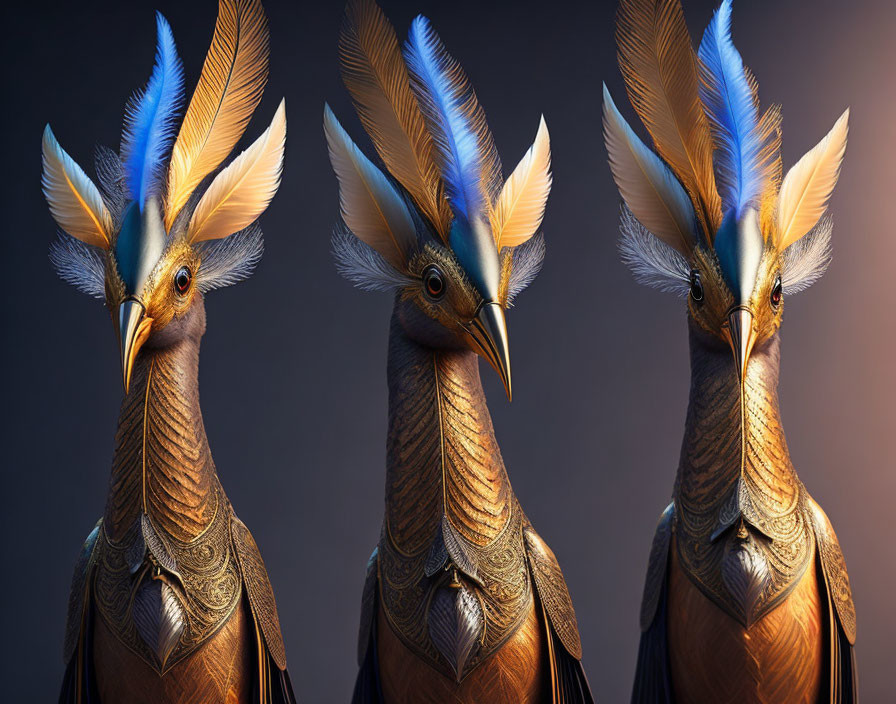 Stylized birds with intricate feather patterns in gold, blue, and brown