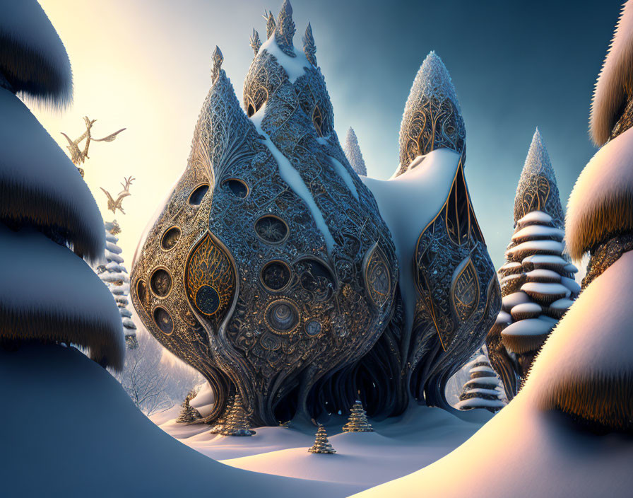 Intricate organic structures in surreal winter landscape
