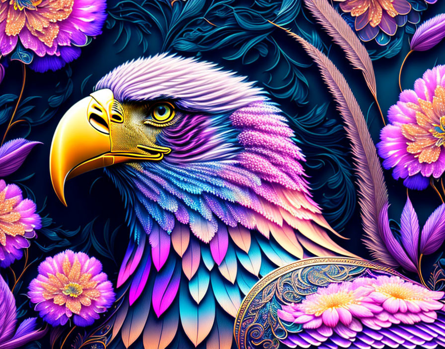 Colorful digital artwork: Eagle with vibrant feathers and floral patterns