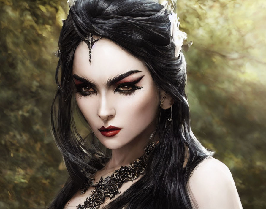 Gothic fantasy female character with dark hair and red eyes in ornate jewelry