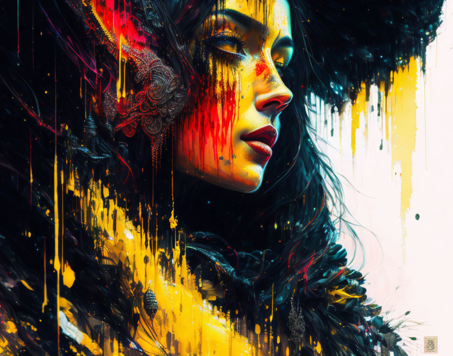 Abstract digital artwork of woman's profile with vibrant yellow and red colors.