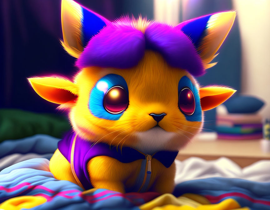 Colorful Digital Art: Adorable Cat-Like Creature with Purple and Yellow Fur Sitting on Bed