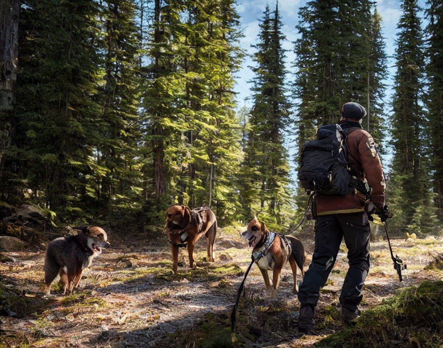 Person with backpack, rifle, walking three dogs in forest with tall pine trees and clear sky