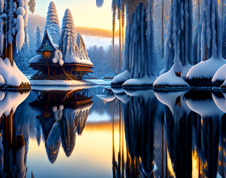 Snow-covered cabin and trees reflected in lake at twilight